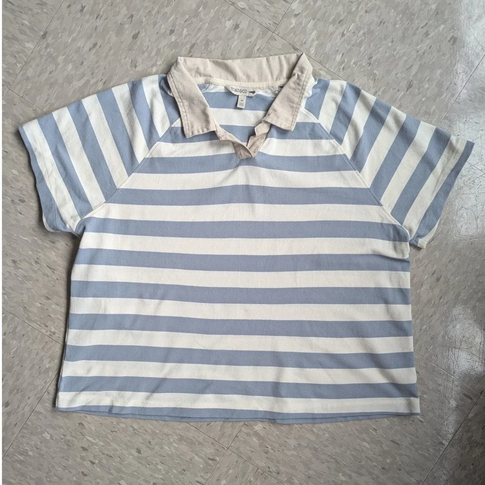 Toad&Co Womens Blue White Striped Organic Cotton Rugby Polo Shirt Medium - Picture 1 of 6
